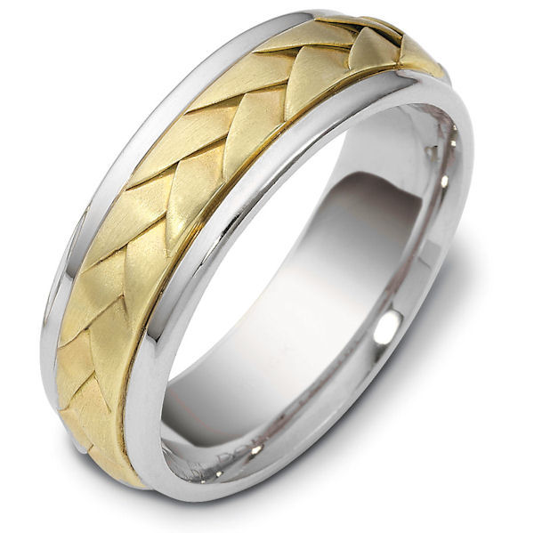 Item # 118081E - 18 kt hand made comfort fit Wedding Band 7.0 mm wide. There is a hand made braid in the center with a brush finish. The outer edges are polished. Different finishes may be selected or specified.