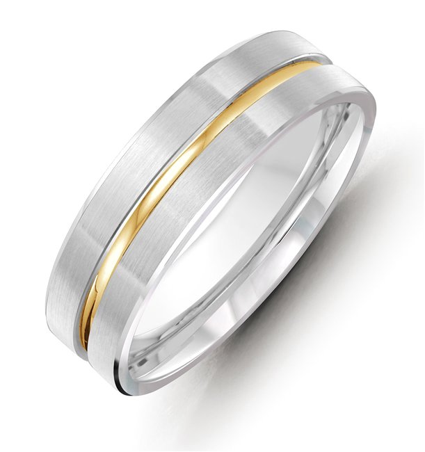 Item # 118091E - 18 kt two-tone hand made comfort fit Wedding Band 8.0 mm wide. The center groove is a polished finish and the rest of the band is a matte finish. Different finishes may be selected or specified. 