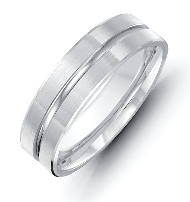 Item # 118091W - 14 kt white gold, hand made comfort fit Wedding Band 8.0 mm wide. The center groove is a polished finish and the rest of the band is a matte finish. Different finishes may be selected or specified. 