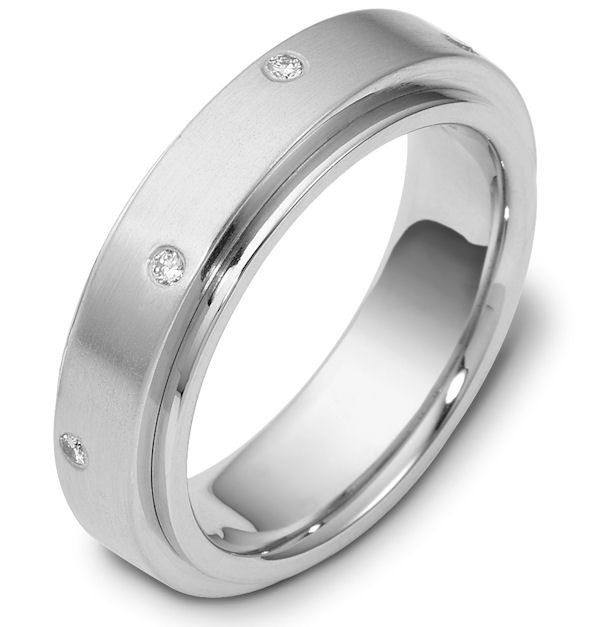 Item # 118351W - 14 K white gold, center rotating, 6.0 mm wide diamond Spinning Wedding Band. Diamond total weight is 0.12 ct in size six. Diamonds are graded as VS in clarity H in color. The center of the ring is spinning and is a matte finish. The outer edges are polished. Different finishes may be selected or specified. 