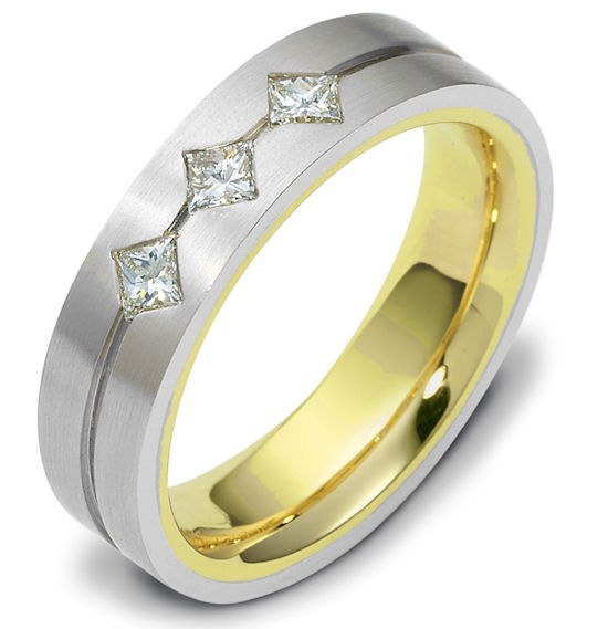 Item # 118561 - 14 K Two-tone gold, 5.5 mm wide, comfort fit, princess cut diamond wedding band. 0.30 ct diamond VS1 in Clarity G in Color. The ring is a brush finish. Different finishes may be selected or specified.