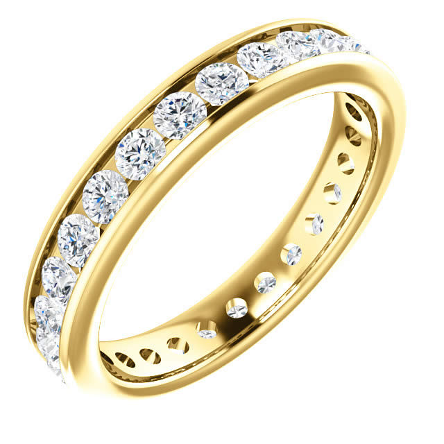 Item # 118581 - 14K gold 3.0 mm wide diamond ring. 1.0 ct estimated total diamond weight. Diamond weight is estimated for size 6.0 ring. The diamonds are graded as VS1 in Clarity G in Color. The ring is a polished finish. 