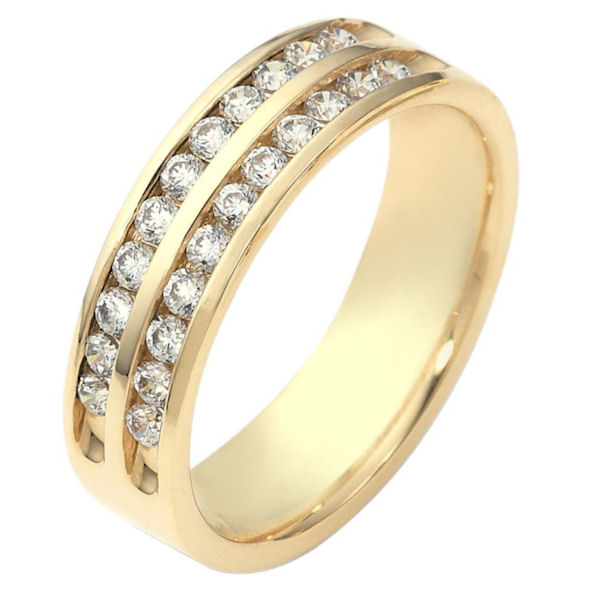Item # 118611E - 18 kt gold, 5.5 mm wide, comfort fit, diamond band features Two rows of 12 Diamonds with a total weight of 0.55 ct and are graded as VS1 in Clarity G in Color. The ring is a polished finish. Different finishes may be selected or specified. 
