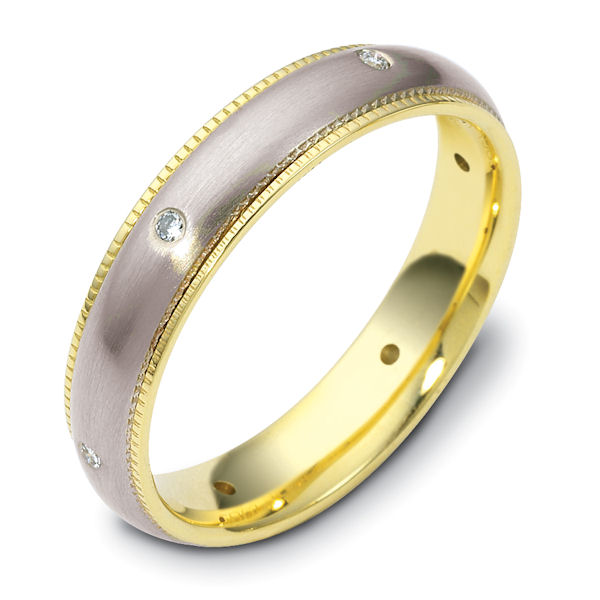 Item # 119891 - 14K gold two-tone diamond milgrain edge, comfort fit, 4.5mm wide wedding band. The ring has 0.09 ct tw diamonds that are VS1-2 in clarity and G-H in color. There are 6 round brilliant cut diamonds, each measures 0.015 ct. The center portion of the ring has a matte finish. Different finishes may be selected or specified. 