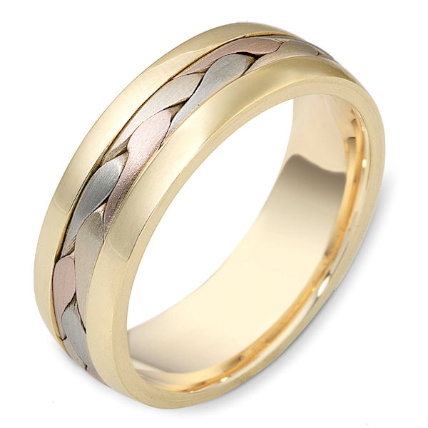 Item # 119911E - 18 K white, rose, and yellow gold, 7.0 mm wide, comfort fit, braided wedding band. The braid in the center is hand crafted with a matte finish. The outer edges are polished. Different finishes may be selected or specified.