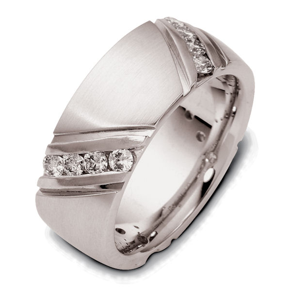 Item # 120251AE - 18K White gold, 8.0 mm wide, comfort fit 0.80 ct total weight diamonds in size 6. Diamonds are graded as VS in clarity G-H in color. The grooves are polished and the rest of the band is matte. Different finishes may be selected or specified. 