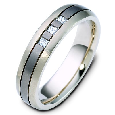 Item # 120641TG - 14 kt white gold and titanium, 6.0 mm wide, comfort fit, diamond wedding band. Diamonds total weight is 0.21 ct and are graded as VS1 in Clarity G in Color. The ring is a matte finish. Different finishes may be selected or specified. 