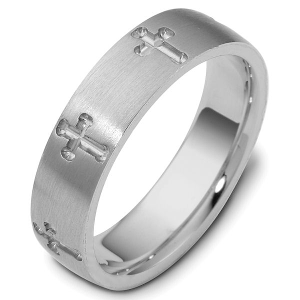 Item # 120971W - 14K White gold, 6.0 mm wide wide comfort fit crosses engraved wedding band. The ring has a matte finish and the carved crosses have a polished finish. Different finishes may be selected or specified.