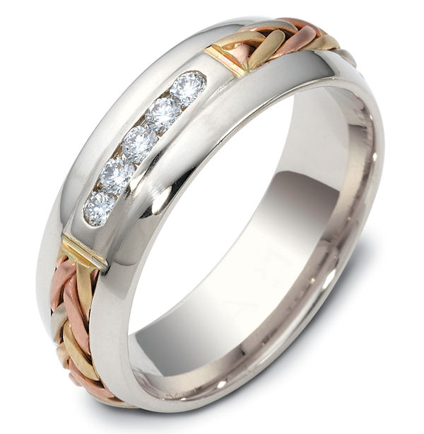 Item # 121171E - 18 K Tri-Color gold 7.0 mm. wide, diamond ring. Diamonds total weight is 0.22 ct. Diamonds are VS1-2 in clarity G-H in color. There is a handcrafted braid on each side of the diamonds. The braid is a brush finish and the outer edges are polished. Different finishes may be selected or specified. 