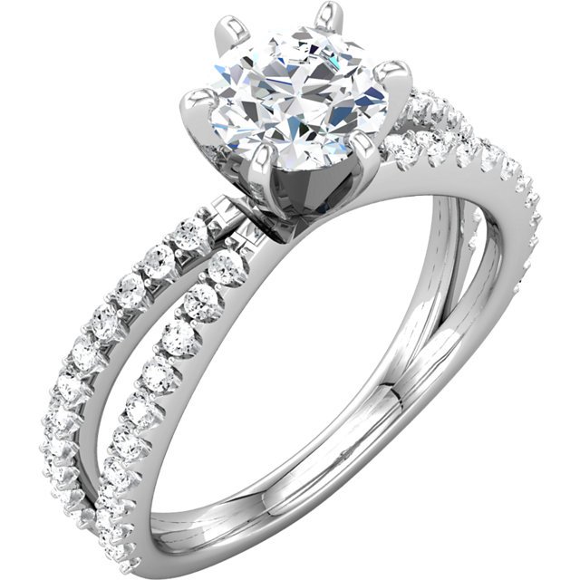 Item # 127635W - 14K white gold diamond engagement ring. The ring has 44 round brilliant cut diamonds with total weight of 1.0ct. The diamonds are graded as VS in clarity G-H in color. The center diamond also is 1.0ct round brilliant ideal cut diamond certified by GIA as SI1 in Clarity H in color.