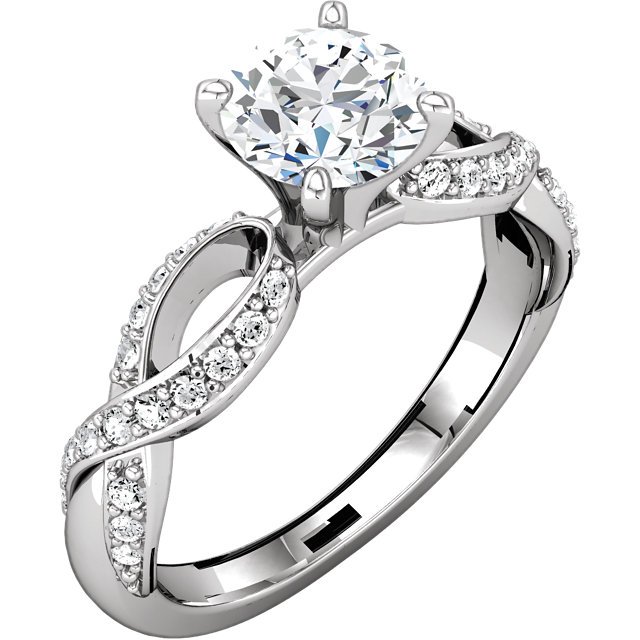 Item # 127641AWE - 18k white gold infinity inspired engagement ring. The ring holds channel set 0.25ct diamonds graded as VS in clarity G-H in color. The ring also in the center holds one 0.75ct round brilliant cut ideal cut GIA certified diamond graded as SI1 in clarity H in color.
