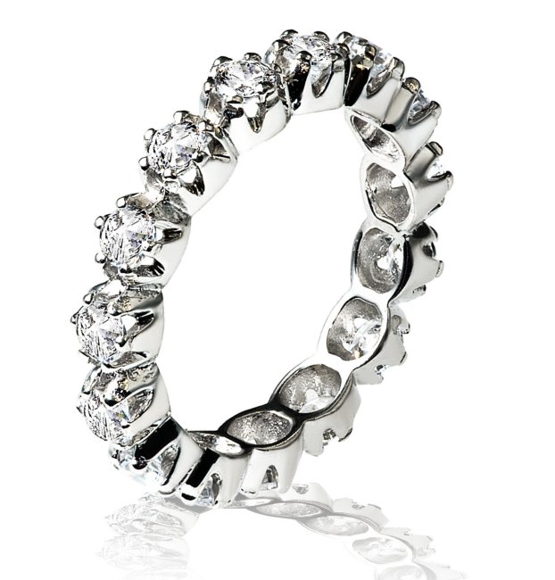 Item # 13804PD - Palladium, diamond eternity ring. The ring in size 7 holds 15 round brilliant cut diamonds with total weight of 1.5ct. The diamonds are graded as VS in clarity G-H in color.