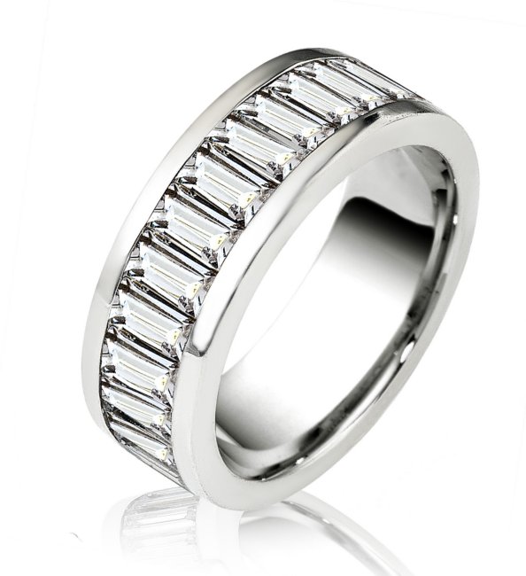 Item # 14774WE - 18K white gold diamond eternity ring. The ring in size 7.0  holds 26 baguette cut diamonds. The diamonds together weigh 6.5ct and the diamonds are graded as VS in clarity G-H in color.