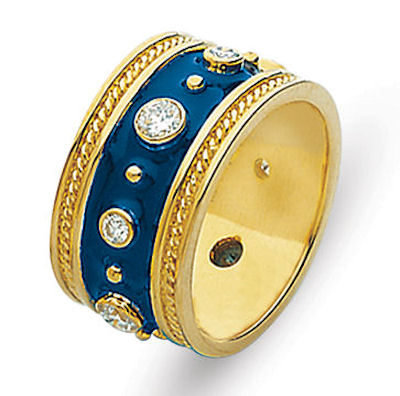 Item # 2001057E - 18 kt yellow gold diamond and blue enamel ring. This ring has 0.73 ct tw diamonds, VS1-2 in clarity and G-H in color. There is blue enamel in the center and one handcrafted rope on each side of the ring. The band is approximately 10.0 mm wide. The ring has a polished finish. Different finishes may be selected or specified.