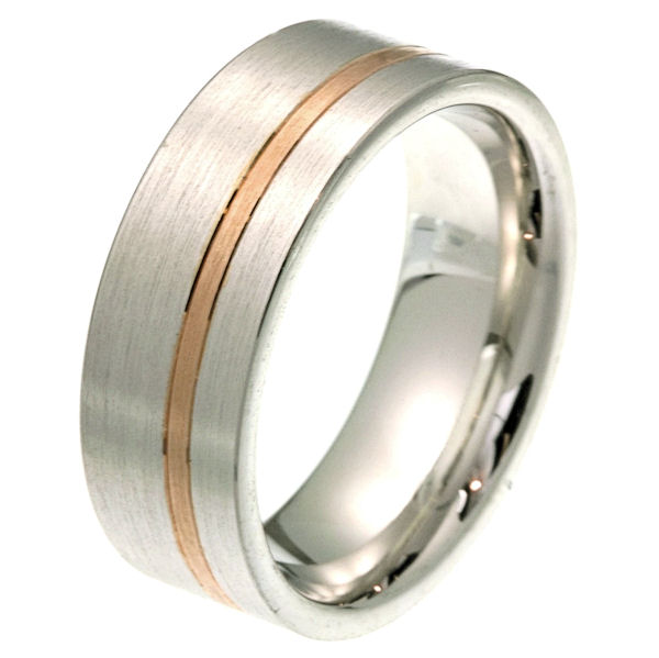 Item # 2100571PE - Platinum and 18 kt rose gold 8.0 mm wide comfort fit wedding band. The ring is a classic style with rose gold stripe in the band. It is all matte finish, 8.0 mm wide and comfort fit. Different finishes may be selected or specified.