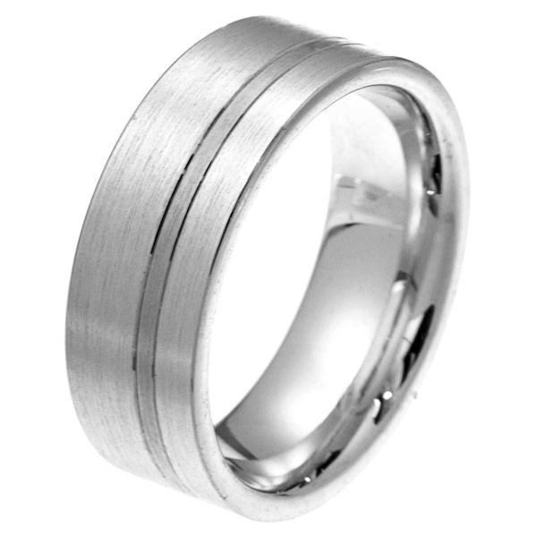 Item # 2100571WE - 18 kt white gold 8.0 mm wide comfort fit wedding band. The ring is a classic style with stripe in the band. It is all matte finish, 8.0 mm wide and comfort fit. Different finishes may be selected or specified. 