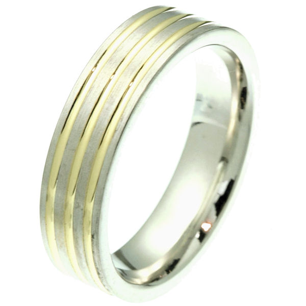 Item # 2101721E - 18 kt two-tone gold 6.0 mm wide comfort fit wedding band. The ring has 3 yellow gold grooves that are polished and the white gold portion is matte finish. It is 6.0 mm wide and comfort fit. Different finishes may be selected or specified 
