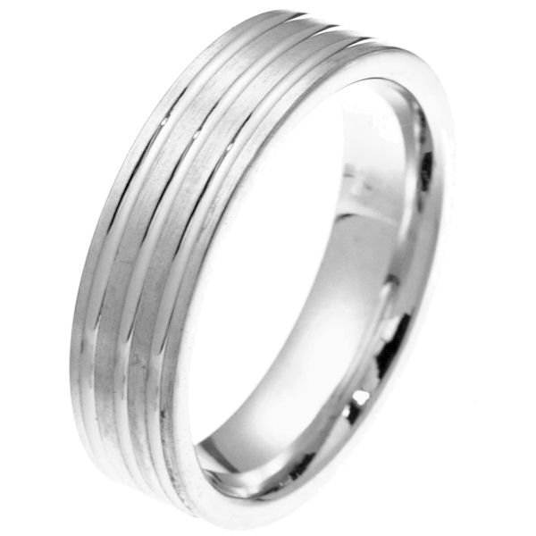 Item # 2101721PP - Platinum 6.0 mm wide comfort fit wedding band. The ring has 3 grooves and the rest is matte finish. It is 6.0 mm wide and comfort fit. Different finishes may be selected or specified. 
