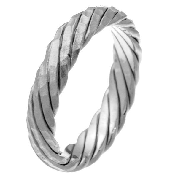 Item # 210311W - 14 kt white gold 5.0 mm wide comfort fit wedding band. The ring is a contemporary style twist and matte finish throughout the whole band. It is 5.0 mm wide and comfort fit. Different finishes may be selected or specified. 
