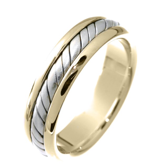 Item # 210465E - 18K two-tone, hand crafted, 5.0 mm wide, comfort fit wedding band.  There is a handcrafted rope design in the center. The whole ring is a polished finish. Different finishes may be selected or specified.