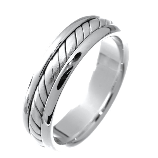 Item # 210465W - 14K White gold, hand crafted, 5.0 mm wide, comfort fit wedding band. There is a handcrafted rope design in the center. The whole ring is a polished finish. Different finishes may be selected or specified.