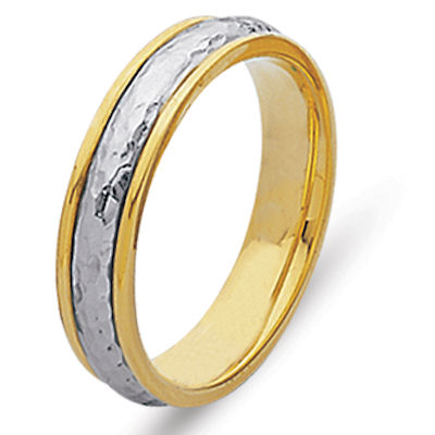 Item # 210475E - 18K two-tone hand crafted 5.0 mm wide, comfort fit wedding band. The ring has a polished hammered finish in the center and a polish finish on the edges. Different finishes may be selected or specified. 