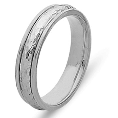 Item # 210475PP - Platinum hand crafted 5.0 mm wide, comfort fit wedding band. The ring has a polished hammered finish in the center and a polish finish on the edges. Different finishes may be selected or specified. 