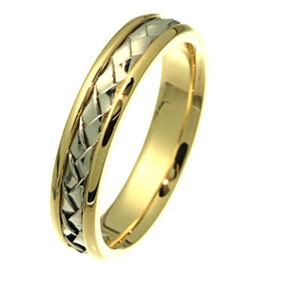 Item # 210515 - Hand woven 14 kt two-tone gold, 5.0 mm wide comfort fit band. There is a handcrafted braid in the center. The ring has a polished finish. Different finishes may be selected or specified. 
