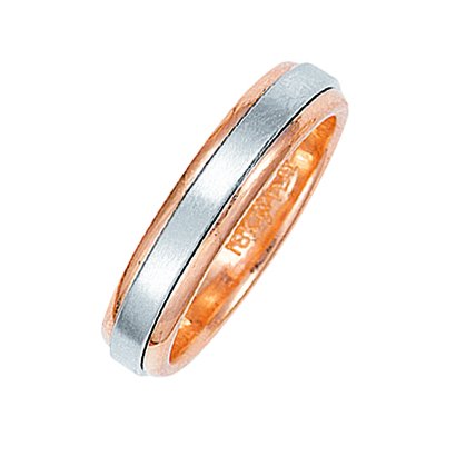 Item # 211011PE - Platinum and 18 kt rose gold classic wedding band. The ring is about 5.0 mm wide and comfort fit. The center of the ring has a soft satin matte finish and the outer edges are polished. Different finishes may be selected or specified.