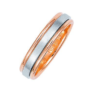 Item # 211021R - 14Kt Rose gold and white gold classic wedding band. The ring is about 5.0 mm wide and comfort fit. The center of the ring has a soft satin matte finish and the outer edges are polished. Different finishes may be selected or specified.