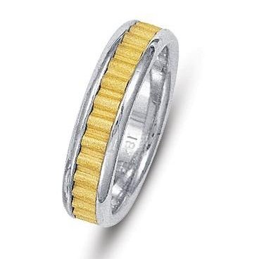 Item # 211031APE - Platinum and 18 kt gold classic wedding band. The ring is about 6.0 mm wide and comfort fit. The center of the ring has a unique handcrafted design with a sandblast satin finish. The outer edges are polished. Different finishes may be selected or specified.