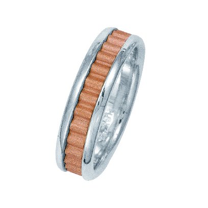 Item # 211031R - 14Kt Rose gold and white gold classic wedding band. The ring is about 6.0 mm wide and comfort fit. The center of the ring has a unique handcrafted design with a sandblast satin finish. The outer edges are polished. Different finishes may be selected or specified.