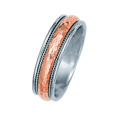 Item # 211091R - 14Kt Rose gold and white gold classic wedding band. The ring is about 5.5 mm wide and comfort fit. The center is a matte hammered finish with one hand crafted rope on each side. The outer edges are polished. Different finishes may be selected or specified.