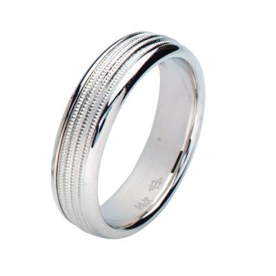 Item # 211141PP - Platinum wedding band. The ring is about 6.0 mm wide and comfort fit. The center has four milgrains with a matte finish. The outer edges are polished. Different finishes may be selected or specified.