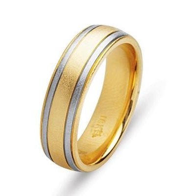 Item # 211161E - 18Kt Two-tone gold wedding band. The ring is about 6.0 mm wide and comfort fit. The ring has a satin matte finish. Different finishes may be selected a or specified.