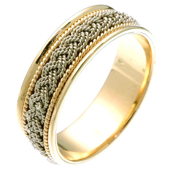 Item # 2111671E - 18 kt two-tone gold hand braided comfort fit 7.0 mm wide wedding band. The ring has two white gold ropes braided in the center and one yellow gold rope on each side of the center braid. It is all polished finish and 7.0 mm wide. 