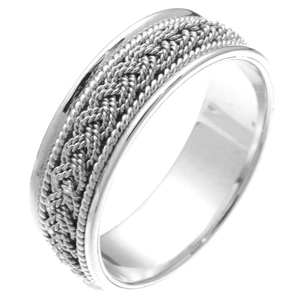 Item # 2111671WE - 18 kt white gold hand braided comfort fit 7.0 mm wide wedding band. The ring has two white gold ropes braided in the center and one white gold rope on each side of the center braid. It is all polished finish and 7.0 mm wide. 