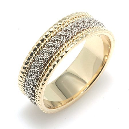 Item # 211167PE - Platinum and 18 kt yellow gold hand braided comfort fit 7.0 mm wide wedding band. The ring has two platinum ropes braided in the center and one yellow gold rope on each side of the center braid. It is all polished finish and 7.0 mm wide. 