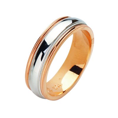 Item # 211191PE - Platinum and 18 kt rose gold wedding band. The ring is about 6.5 mm wide and comfort fit with milgrain. Each side of the band has two milgrains. The ring is polished. Different finishes may be selected or specified. 