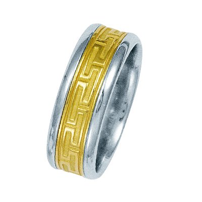 Item # 211221E - 18Kt Two-tone gold greek key wedding band. The ring is about 8.5 mm wide and comfort fit. The greek key pattern is a matte finish and the outer edges are polished. Different finishes may be selected or specified.
