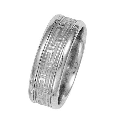 Item # 211221PP - Platinum greek key wedding band. The ring is about 8.5 mm wide and comfort fit. The greek key pattern is a matte finish and the outer edges are polished. Different finishes may be selected or specified.