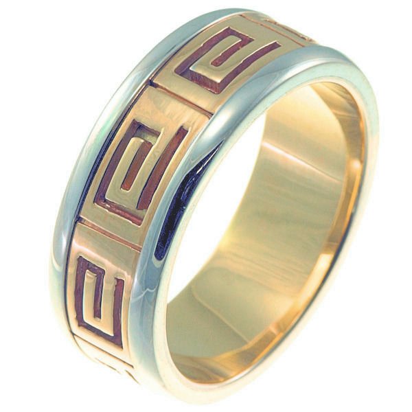 Item # 211241 - 14Kt Two-tone greek spartan key wedding band. A hand crafted ring made with Greek motifs. The ring is about 8.0 mm wide and comfort fit. The whole ring is polished. Different finishes may be selected or specified. 