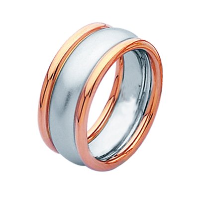 Item # 211301R - 14Kt Rose and white gold wedding band. The ring is about 9.0 mm wide and comfort fit. The center is a matte finish and the outer edges are polished. Different finishes may be selected or specified.