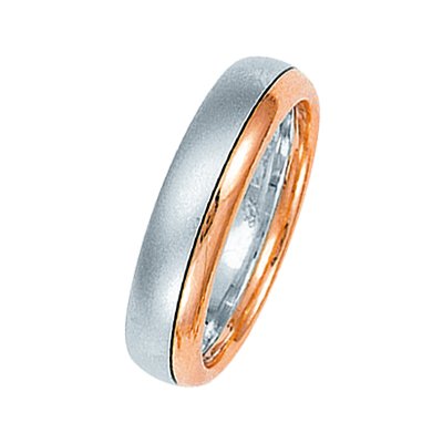 Item # 211311R - 14Kt Rose and white gold wedding band. The ring is about 5.5 mm wide and comfort fit. One portion of the ring is matte and the other is polished. Different finishes may be selected or specified.