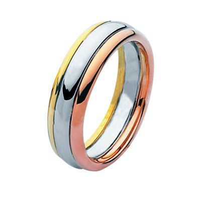 Item # 211331E - 18Kt Tri-color wedding band. The ring is about 7.0 mm wide and comfort fit. The whole ring is polished. Different finishes may be selected or specified.