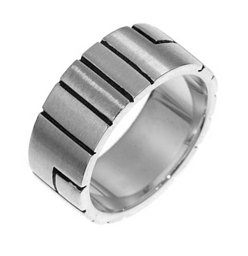 Item # 211341PP - Platinum wedding band. The ring is about 8.0 mm wide and comfort fit. The ring is a brush finish and there is black antique between the grooves. Different finishes may be selected or specified.