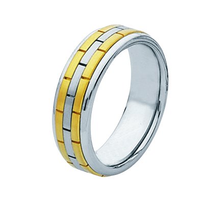 Item # 211351PE - Platinum and 18 kt hand made brick wedding band. The ring is about 7.0 mm wide and comfort fit. The ring is polished. Different finishes may be selected or specified.