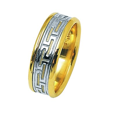 Item # 211361PE - Platinum and 18 kt greek key wedding band. The ring is about 7.5 mm wide and comfort fit. The ring is polished. Different finishes may be selected or specified.
