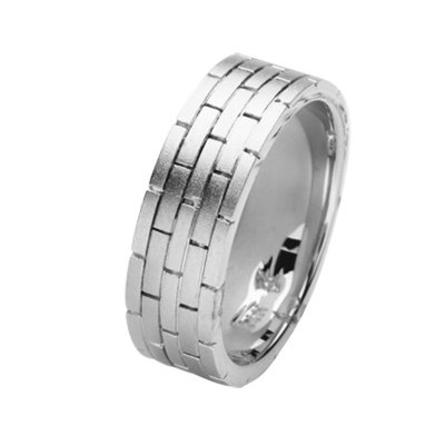 Item # 211381WE - 18Kt White gold hand made brick wedding band. The ring is about 8.0 mm wide and comfort fit. The ring has a brick-style pattern around the band and a matte finish. Different finishes may be selected or specified.