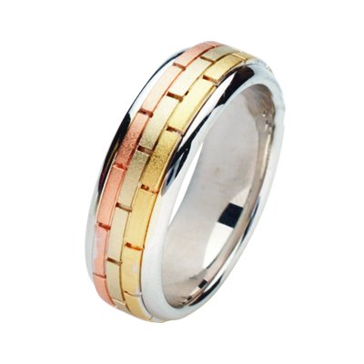 Item # 211391PE - Platinum and 18 kt hand made brick wedding band. The ring is about 7.0 mm wide and comfort fit. The center is matte and the outer edges are polished. Different finishes may be selected or specified.